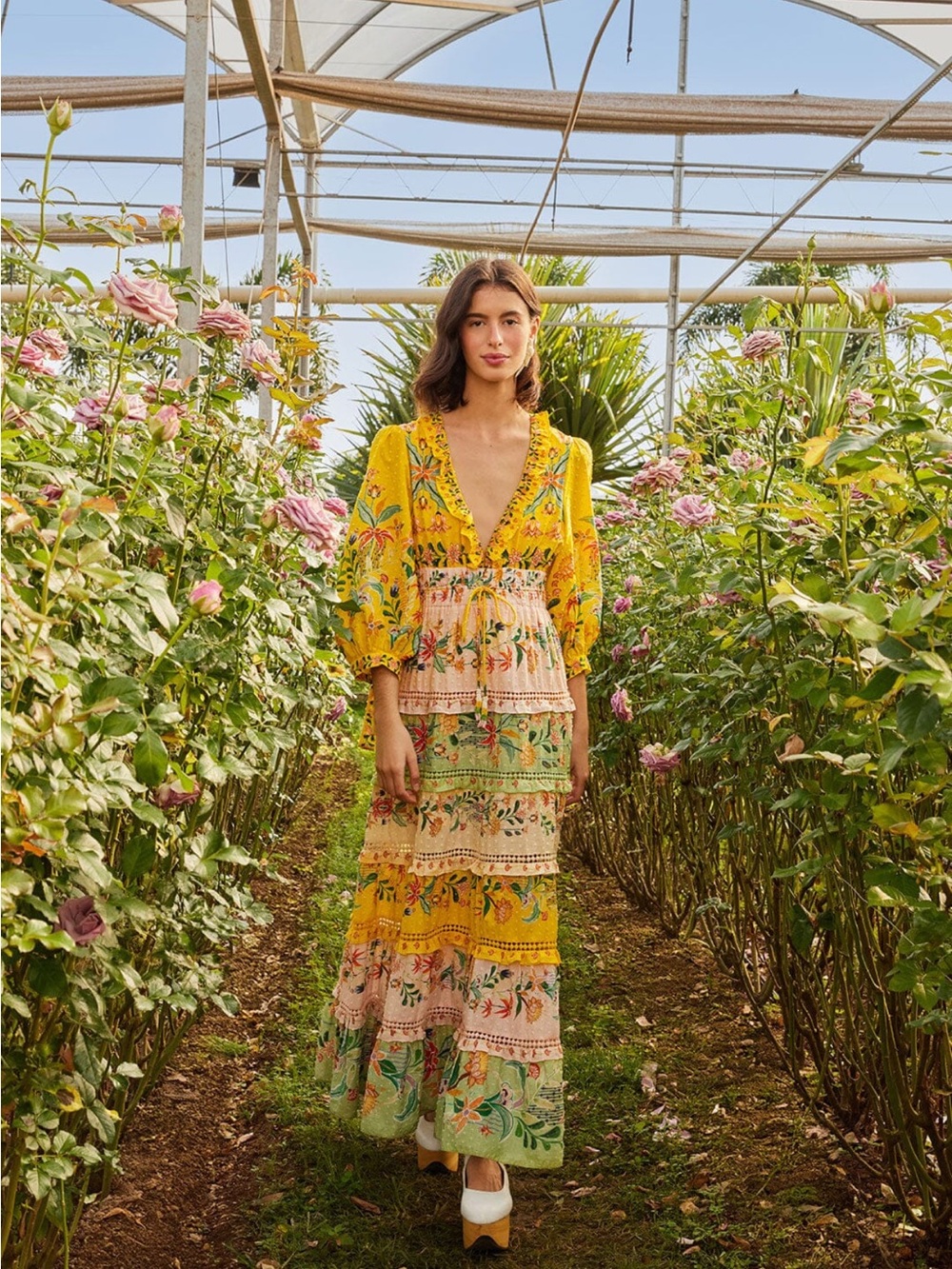 FARM Rio Yellow Floral Tiered Maxi Dress with Mixed Botanical Panels